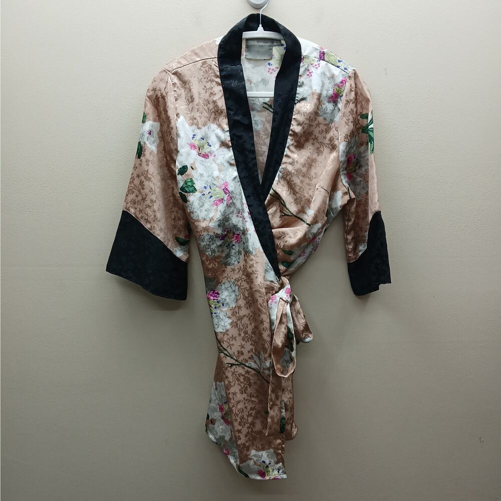 Asos Satin Floral Print Wrap Style Kimono Robe Black Trim Loungewear Size 10